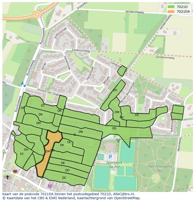 Afbeelding van het postcodegebied 7021 DA op de kaart.