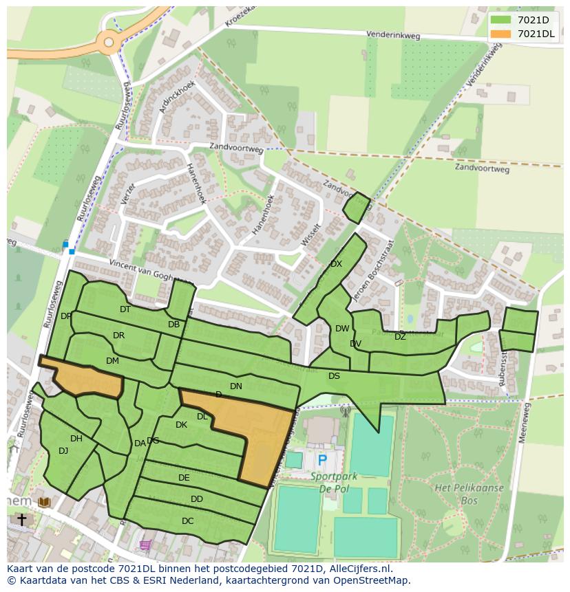 Afbeelding van het postcodegebied 7021 DL op de kaart.