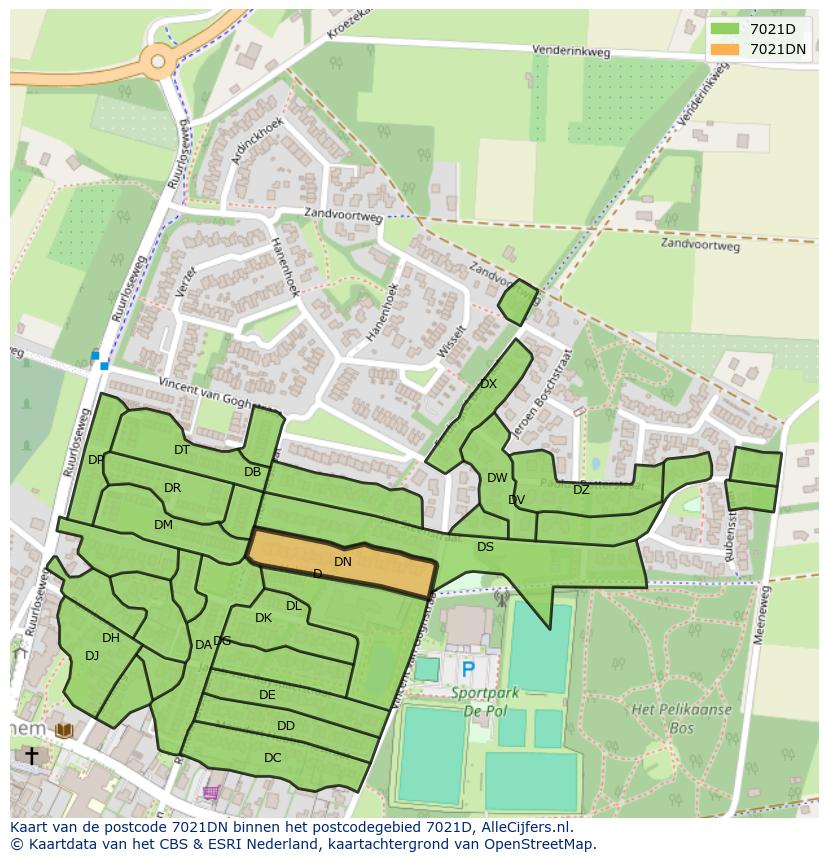 Afbeelding van het postcodegebied 7021 DN op de kaart.