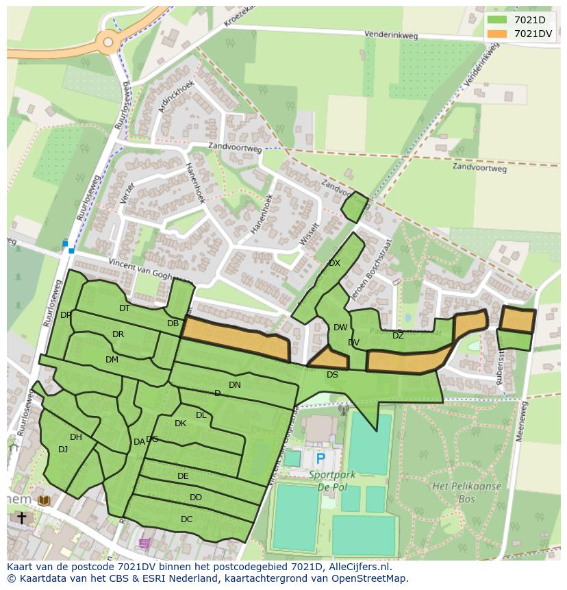 Afbeelding van het postcodegebied 7021 DV op de kaart.