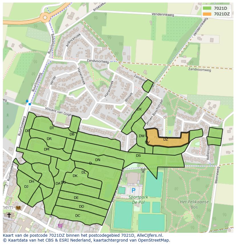 Afbeelding van het postcodegebied 7021 DZ op de kaart.