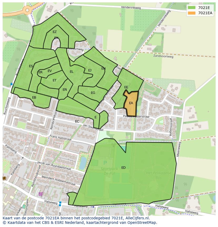 Afbeelding van het postcodegebied 7021 EA op de kaart.