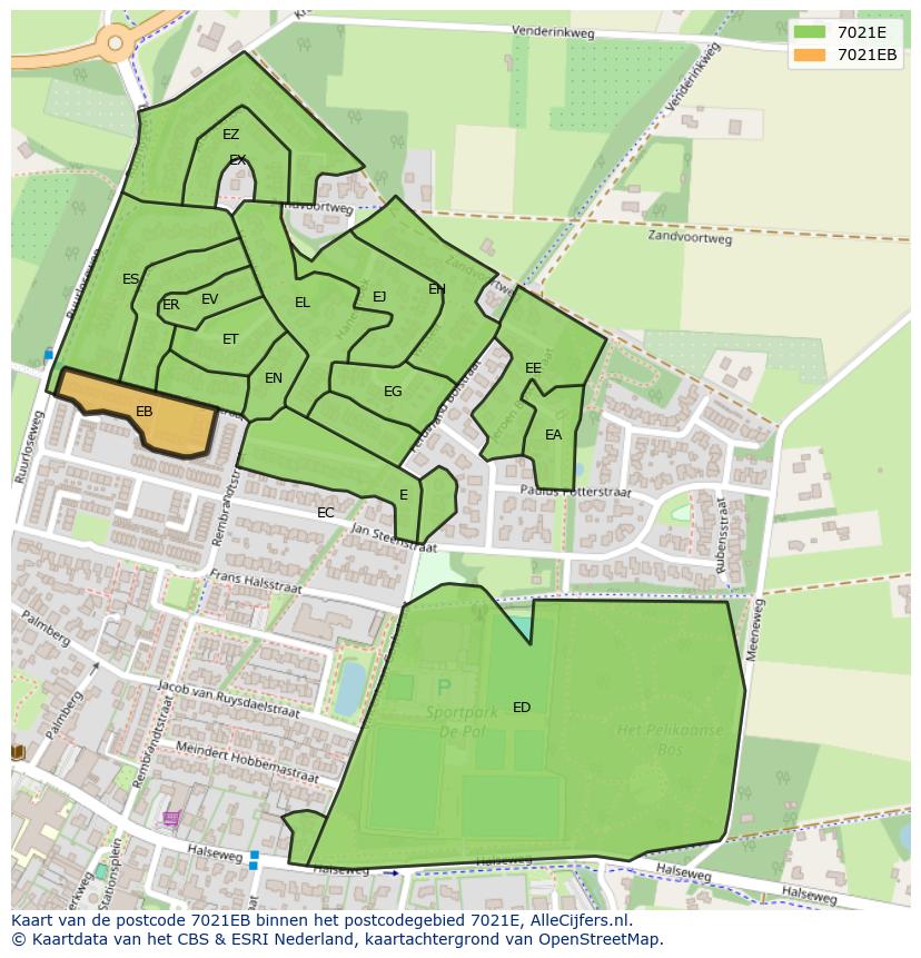 Afbeelding van het postcodegebied 7021 EB op de kaart.