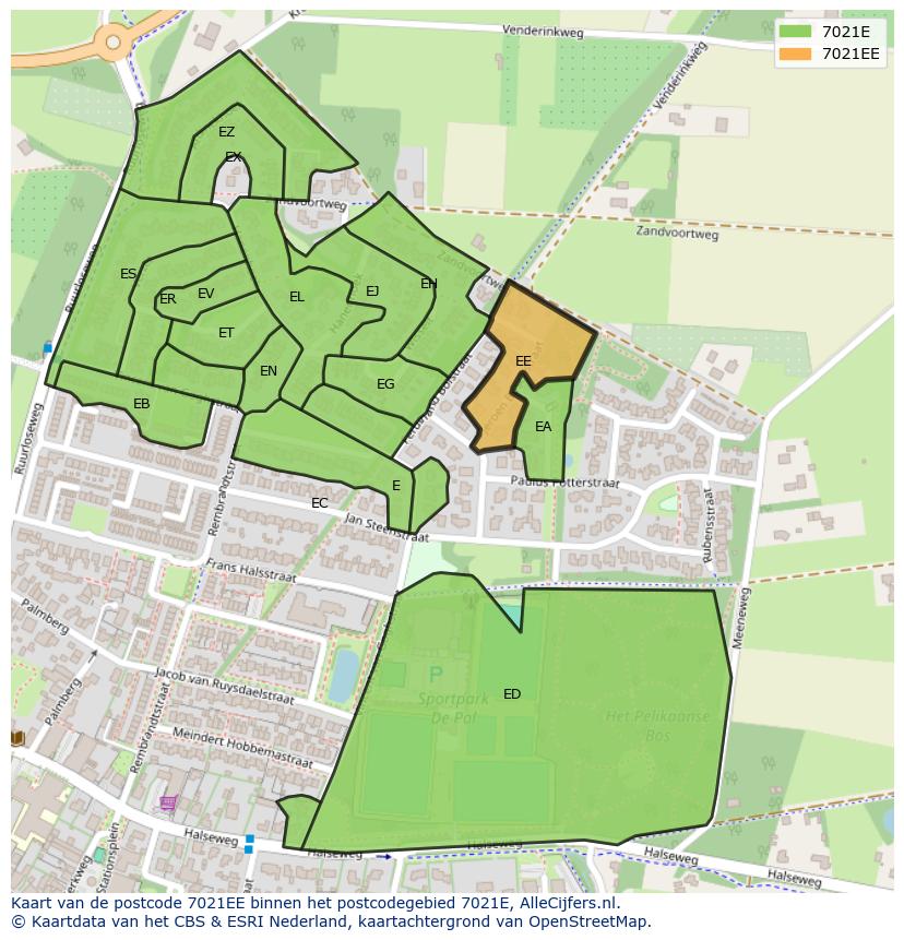 Afbeelding van het postcodegebied 7021 EE op de kaart.