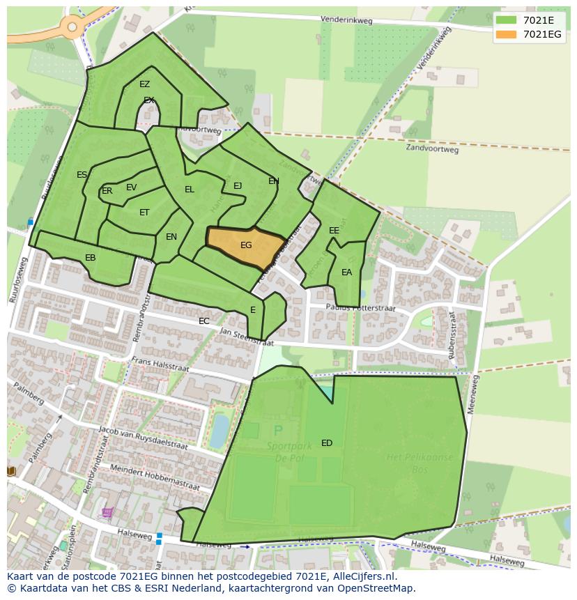 Afbeelding van het postcodegebied 7021 EG op de kaart.