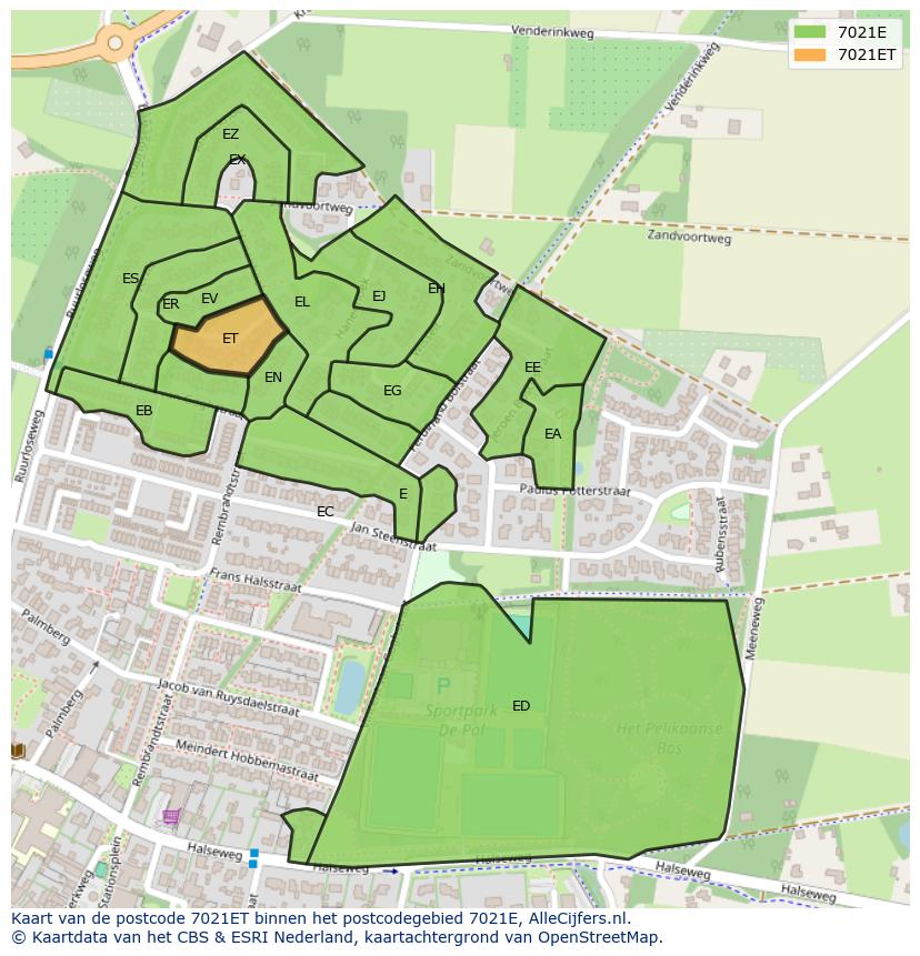 Afbeelding van het postcodegebied 7021 ET op de kaart.