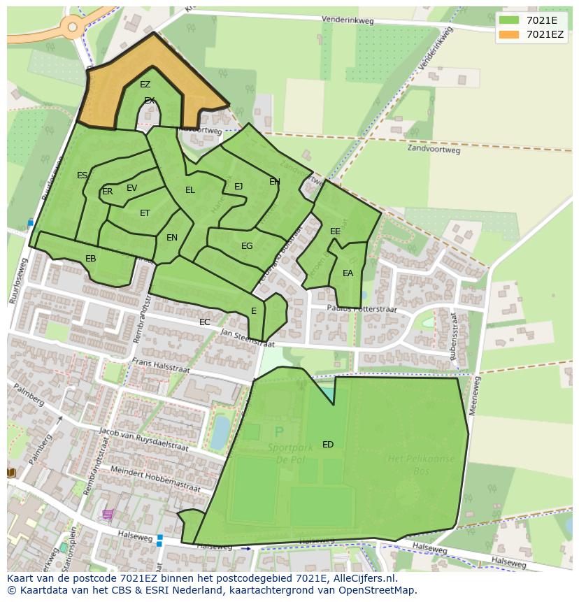 Afbeelding van het postcodegebied 7021 EZ op de kaart.