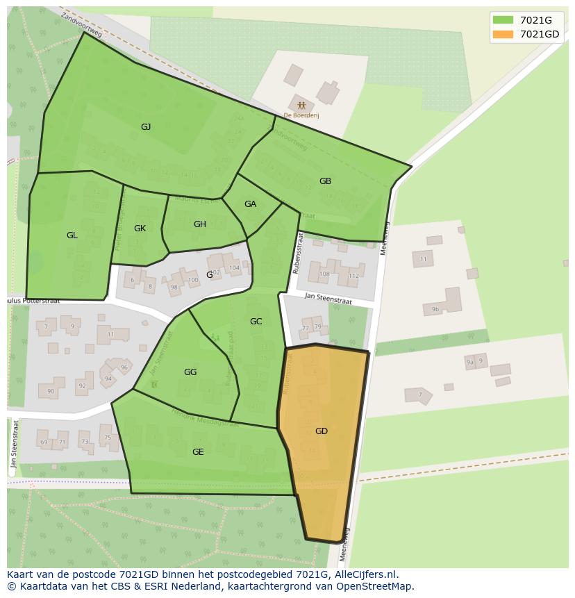 Afbeelding van het postcodegebied 7021 GD op de kaart.