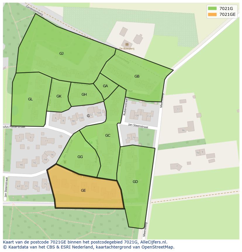 Afbeelding van het postcodegebied 7021 GE op de kaart.