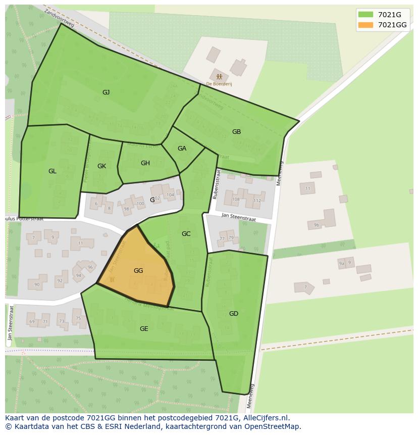 Afbeelding van het postcodegebied 7021 GG op de kaart.