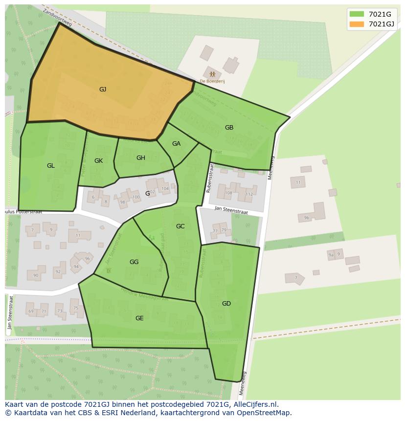 Afbeelding van het postcodegebied 7021 GJ op de kaart.