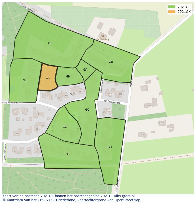 Afbeelding van het postcodegebied 7021 GK op de kaart.