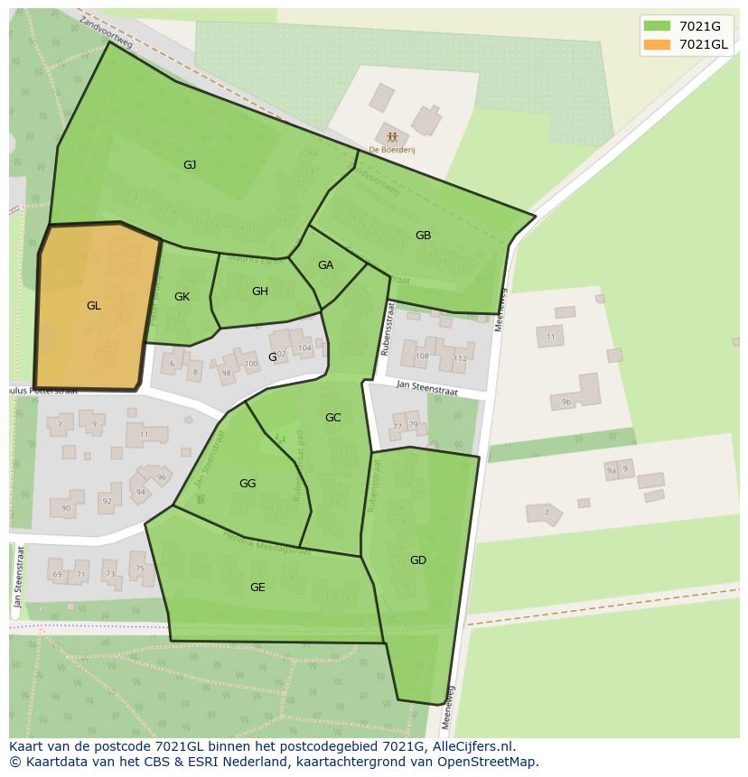 Afbeelding van het postcodegebied 7021 GL op de kaart.