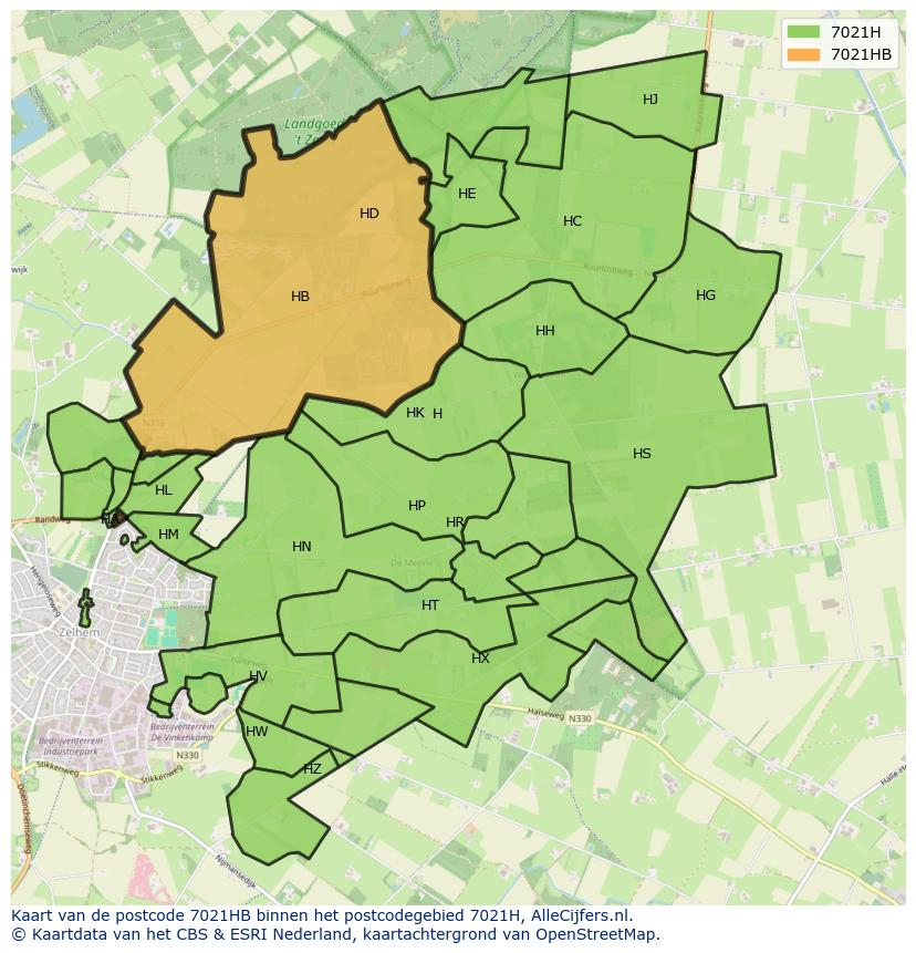 Afbeelding van het postcodegebied 7021 HB op de kaart.