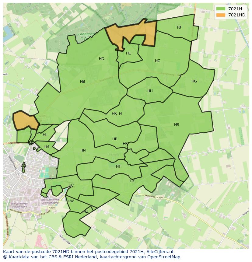 Afbeelding van het postcodegebied 7021 HD op de kaart.
