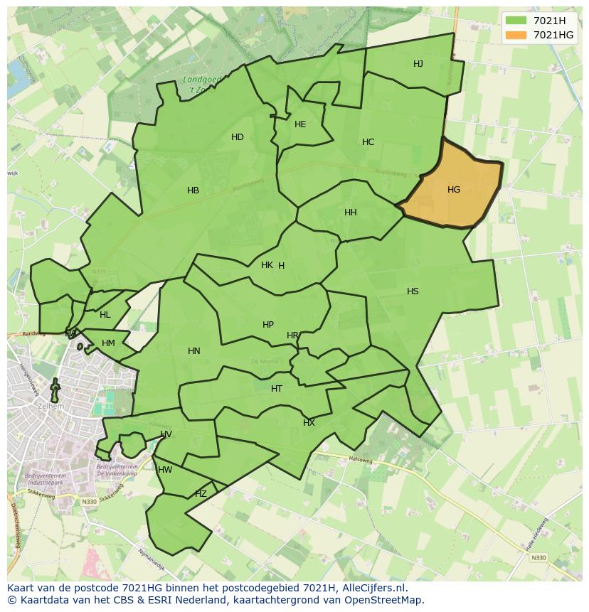 Afbeelding van het postcodegebied 7021 HG op de kaart.