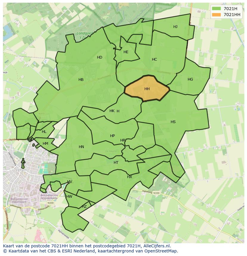 Afbeelding van het postcodegebied 7021 HH op de kaart.