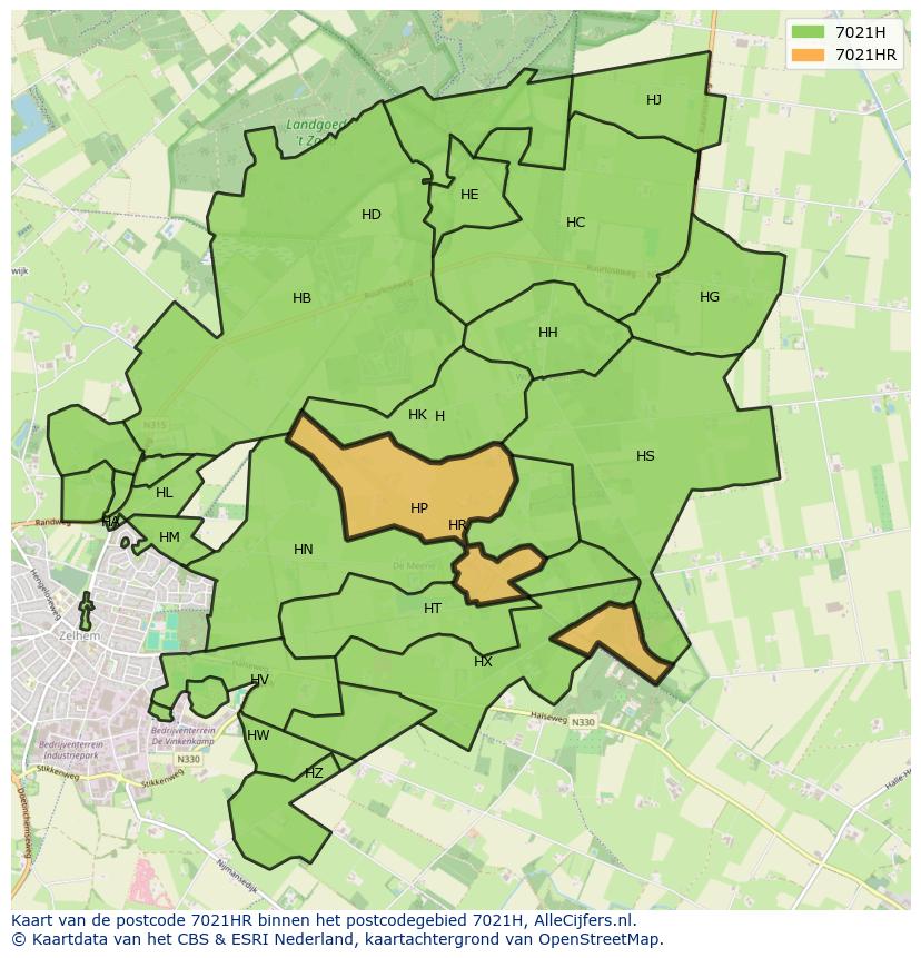Afbeelding van het postcodegebied 7021 HR op de kaart.