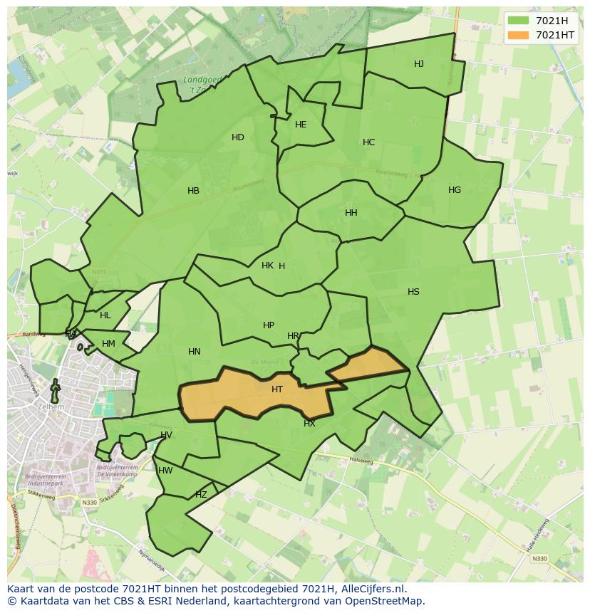 Afbeelding van het postcodegebied 7021 HT op de kaart.