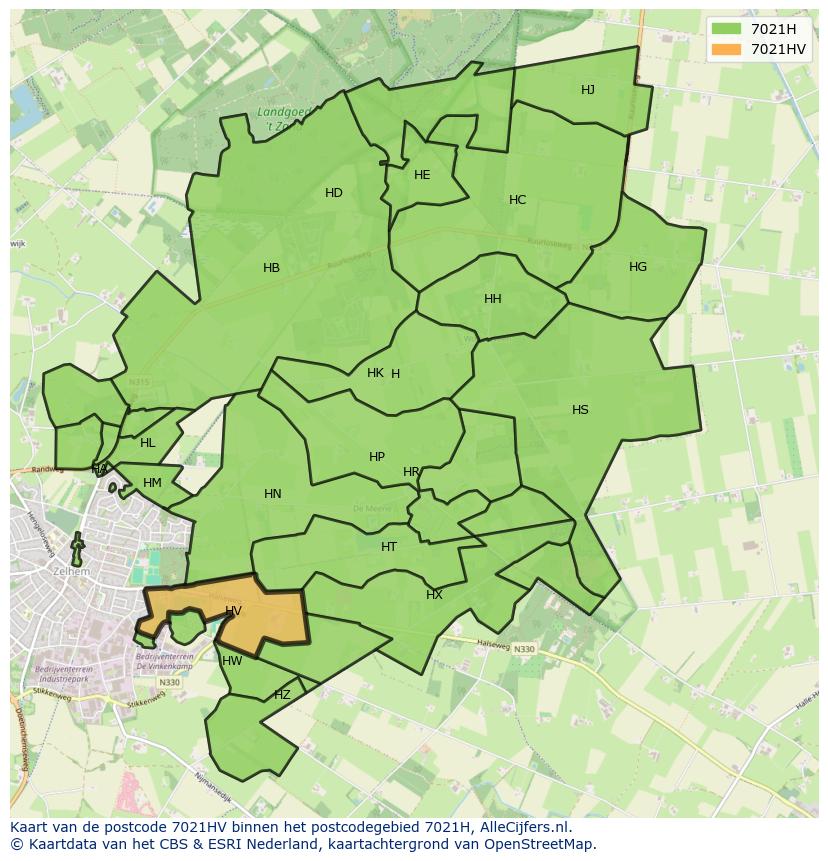 Afbeelding van het postcodegebied 7021 HV op de kaart.