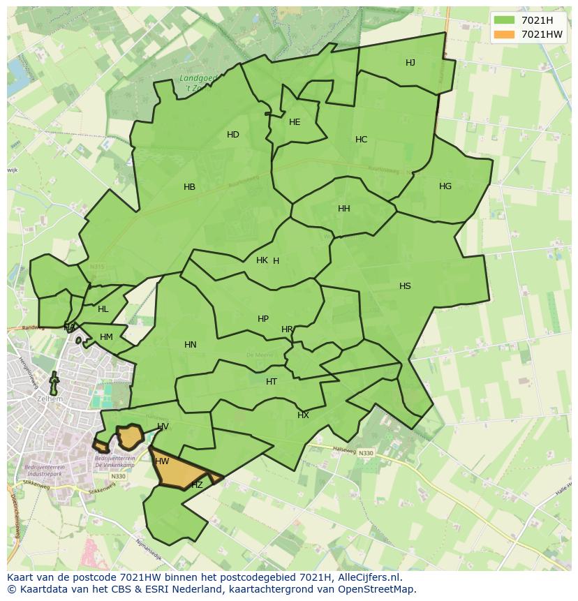 Afbeelding van het postcodegebied 7021 HW op de kaart.