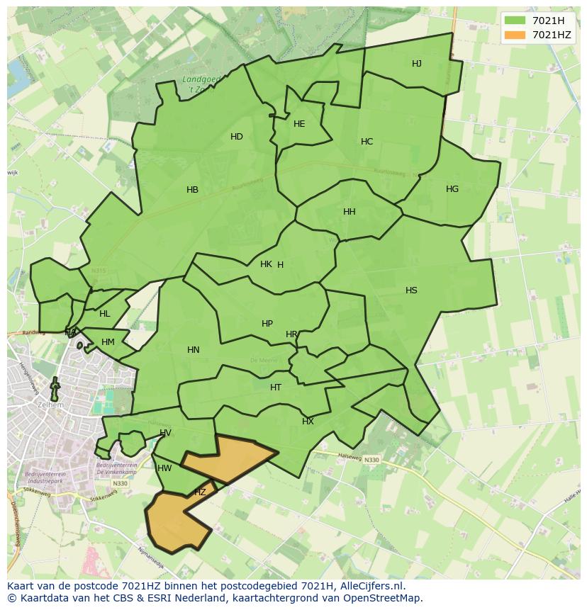 Afbeelding van het postcodegebied 7021 HZ op de kaart.