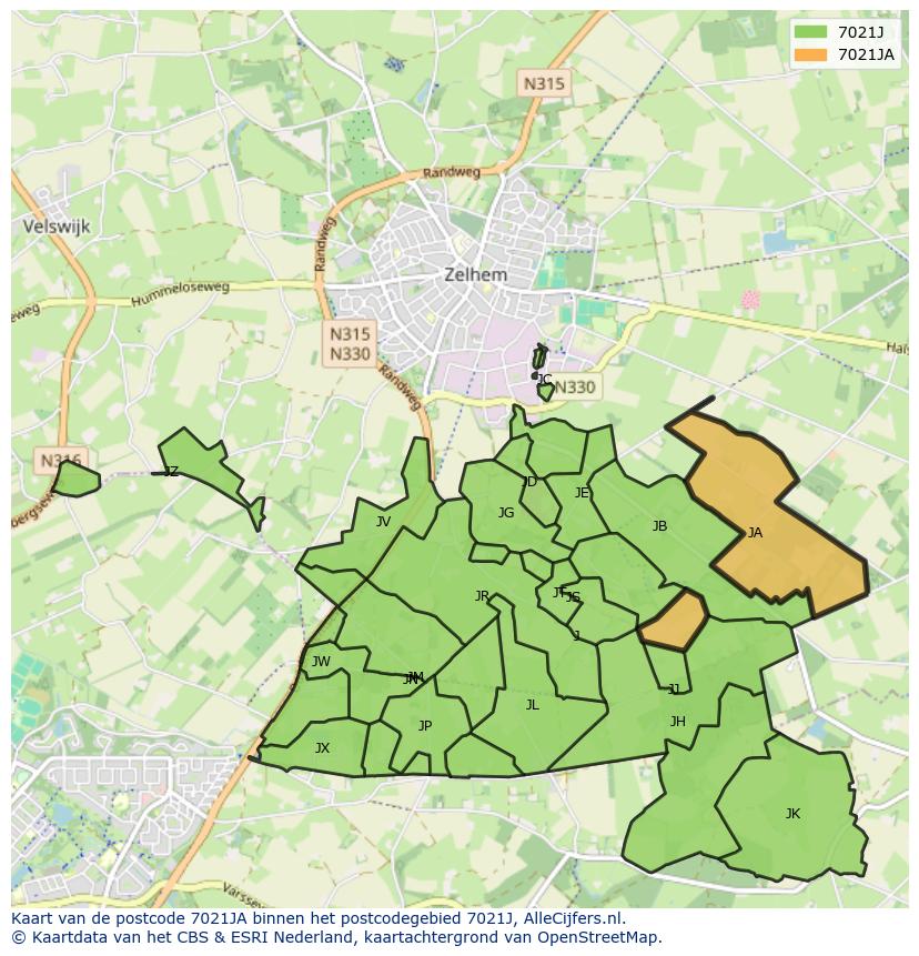 Afbeelding van het postcodegebied 7021 JA op de kaart.