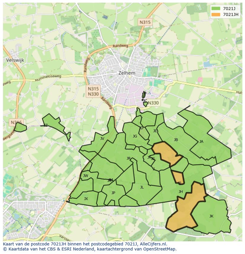 Afbeelding van het postcodegebied 7021 JH op de kaart.