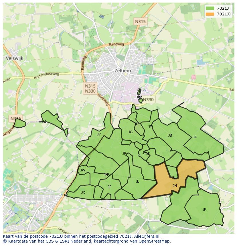 Afbeelding van het postcodegebied 7021 JJ op de kaart.