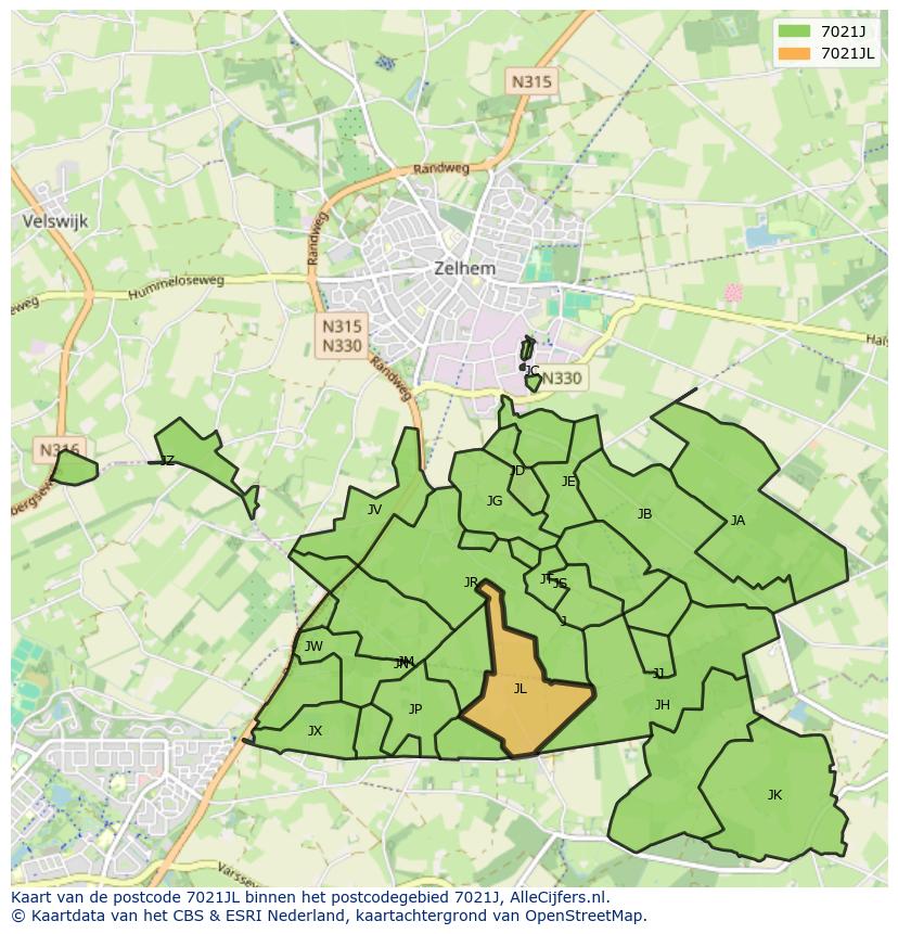 Afbeelding van het postcodegebied 7021 JL op de kaart.
