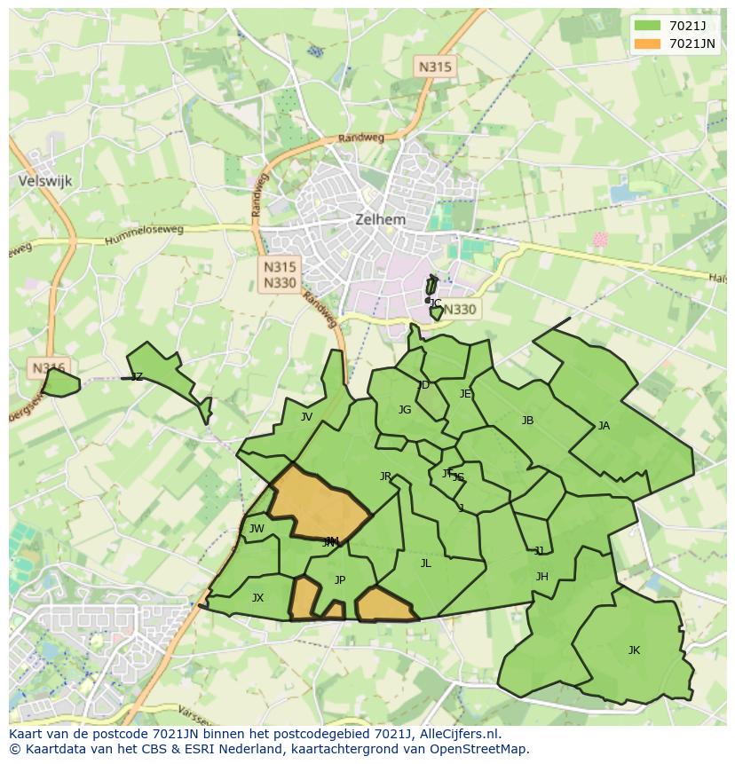 Afbeelding van het postcodegebied 7021 JN op de kaart.