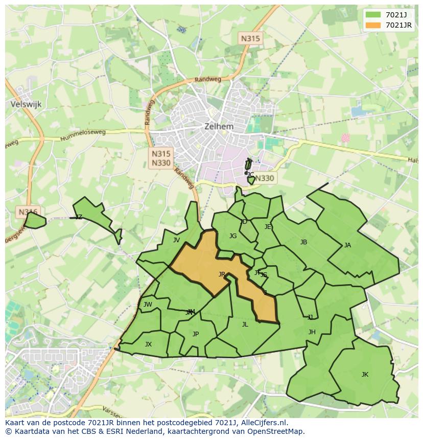 Afbeelding van het postcodegebied 7021 JR op de kaart.