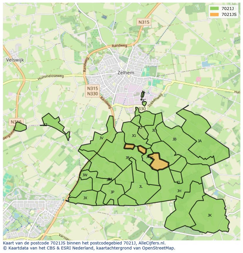 Afbeelding van het postcodegebied 7021 JS op de kaart.