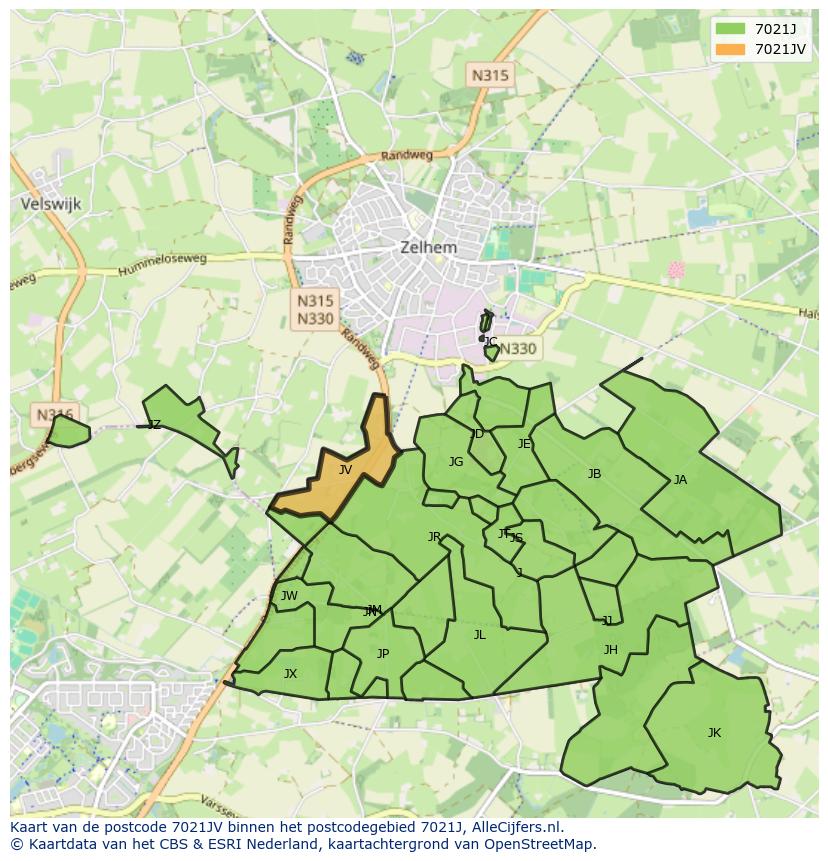 Afbeelding van het postcodegebied 7021 JV op de kaart.