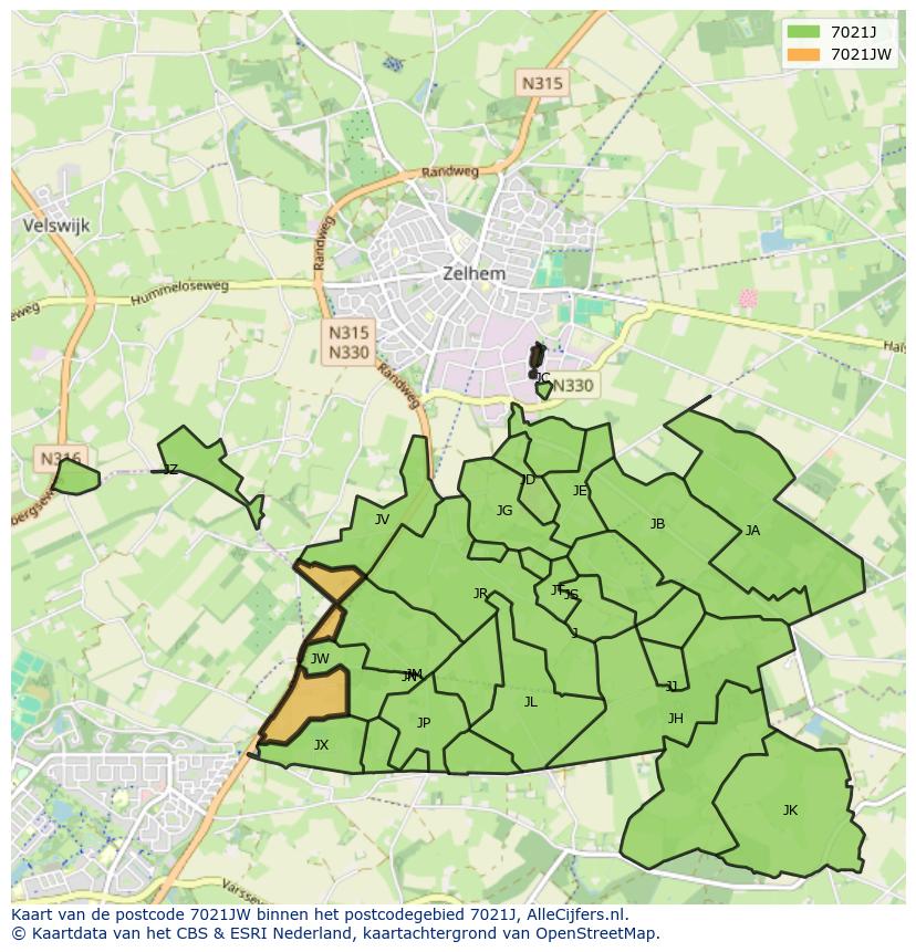 Afbeelding van het postcodegebied 7021 JW op de kaart.
