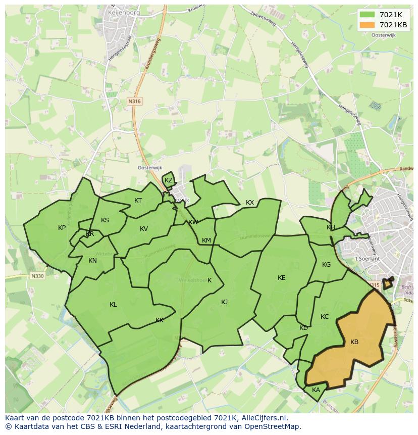 Afbeelding van het postcodegebied 7021 KB op de kaart.