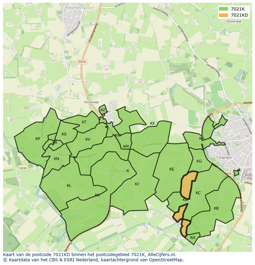 Afbeelding van het postcodegebied 7021 KD op de kaart.