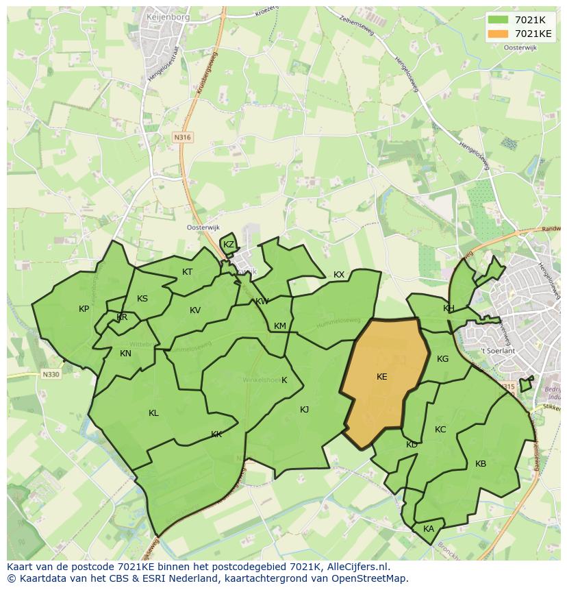 Afbeelding van het postcodegebied 7021 KE op de kaart.