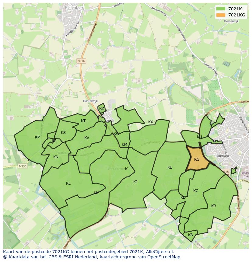 Afbeelding van het postcodegebied 7021 KG op de kaart.