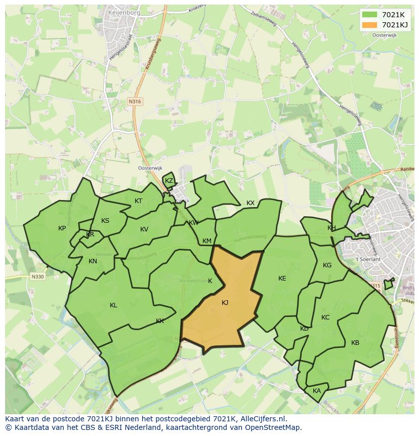 Afbeelding van het postcodegebied 7021 KJ op de kaart.