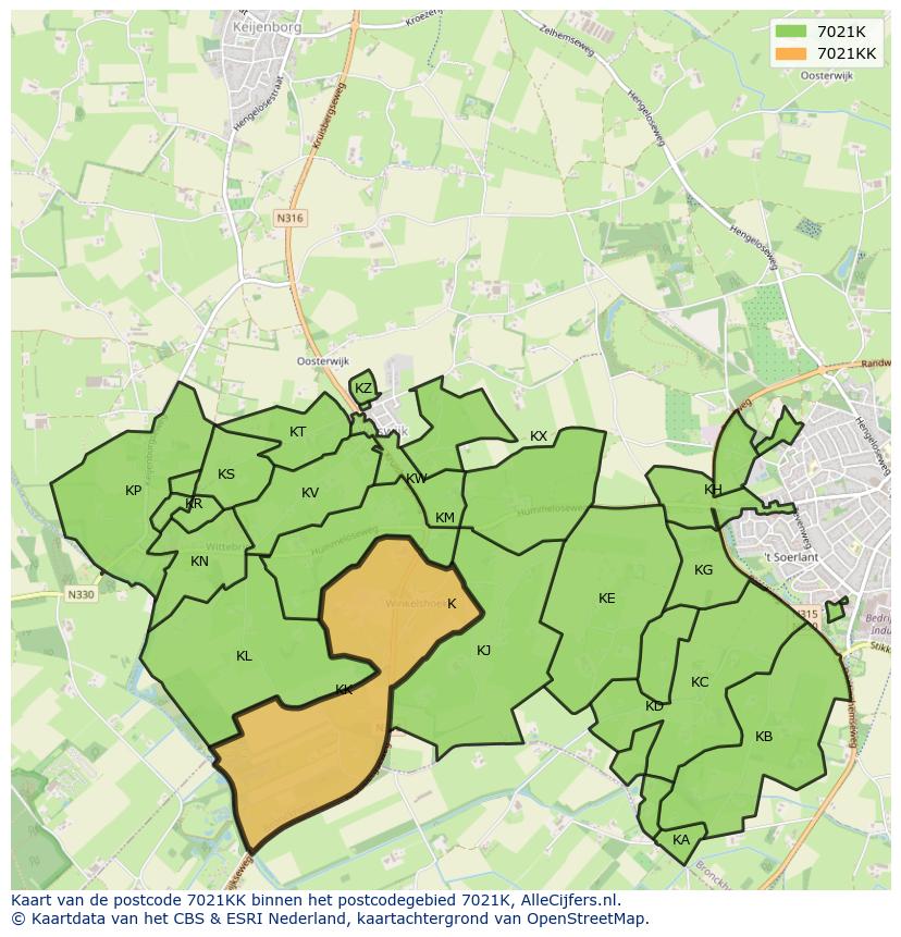 Afbeelding van het postcodegebied 7021 KK op de kaart.