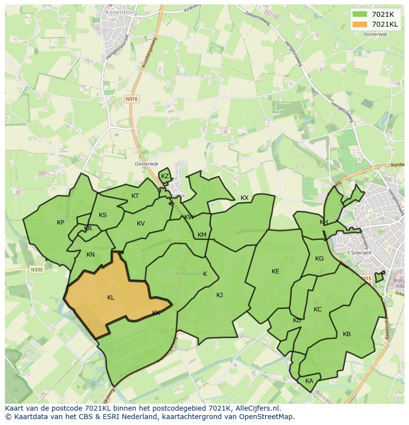 Afbeelding van het postcodegebied 7021 KL op de kaart.