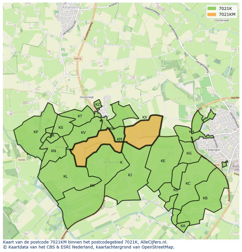 Afbeelding van het postcodegebied 7021 KM op de kaart.