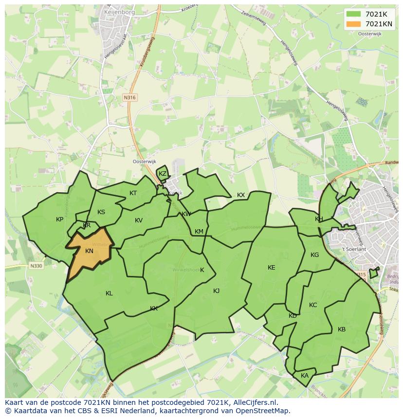 Afbeelding van het postcodegebied 7021 KN op de kaart.