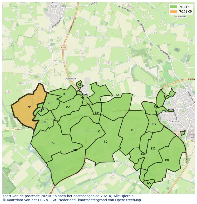 Afbeelding van het postcodegebied 7021 KP op de kaart.