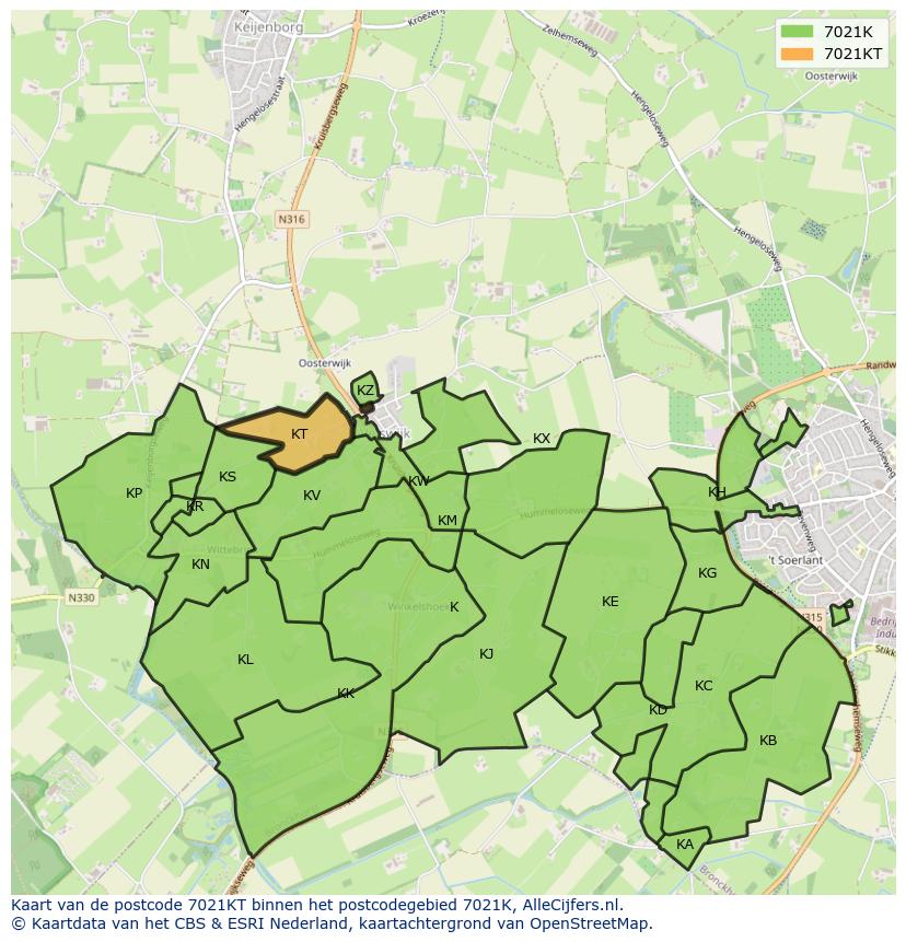 Afbeelding van het postcodegebied 7021 KT op de kaart.