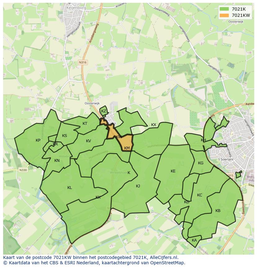 Afbeelding van het postcodegebied 7021 KW op de kaart.