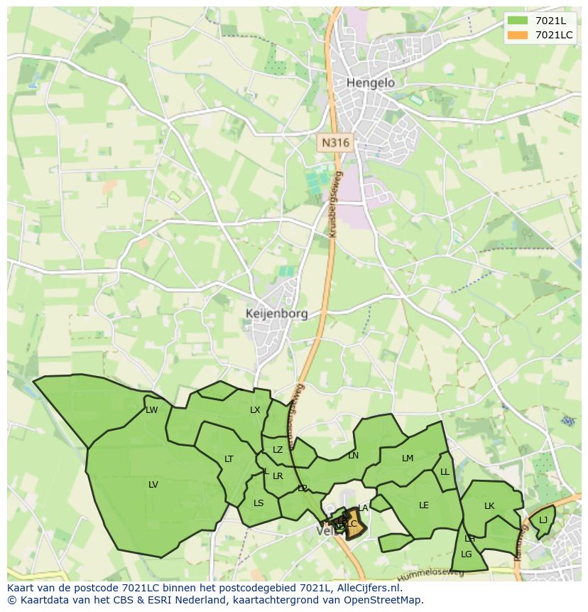 Afbeelding van het postcodegebied 7021 LC op de kaart.