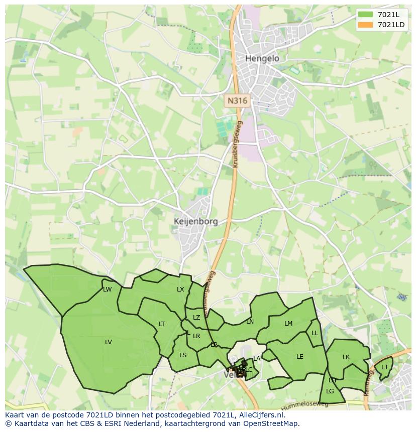 Afbeelding van het postcodegebied 7021 LD op de kaart.