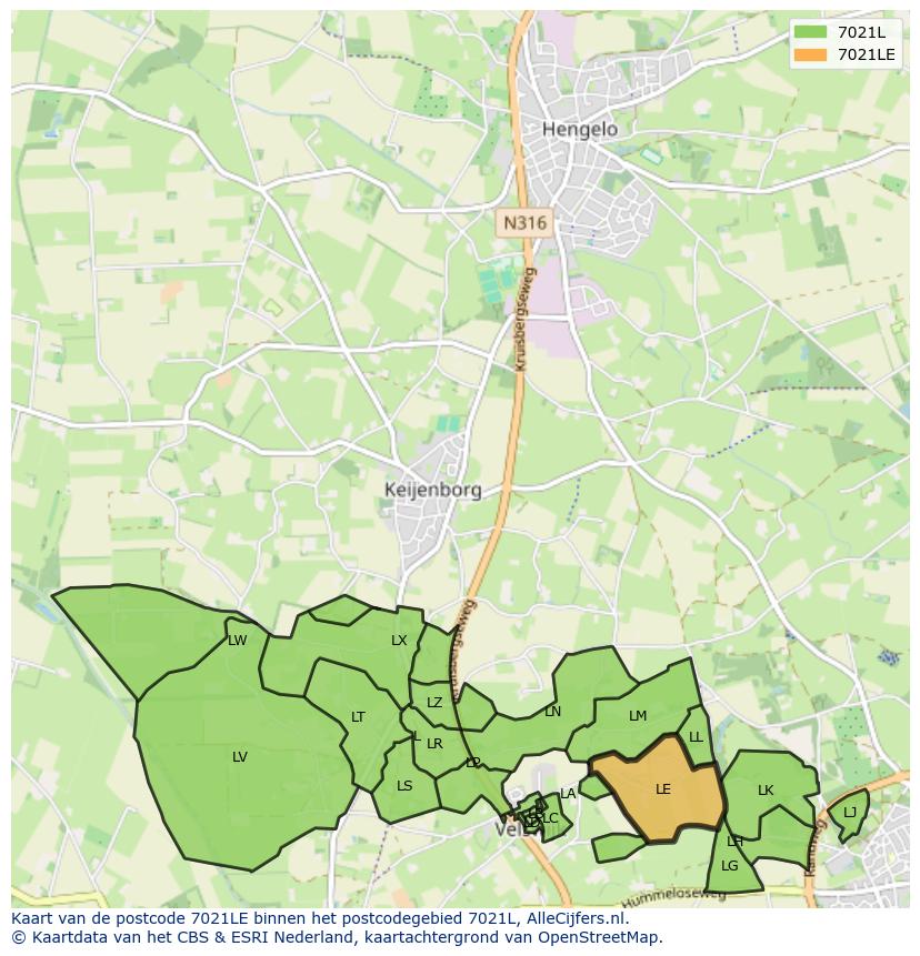 Afbeelding van het postcodegebied 7021 LE op de kaart.